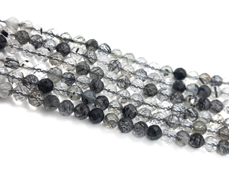 Бусины Рутиловый кварц (волосатик) черный A граненый; размер 4 мм, длина 39см